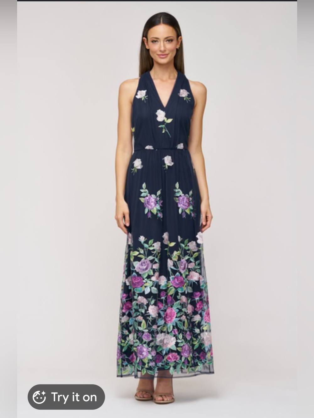 JS Collections Navy Maxi Dress with Pink & Purple Floral Embroidery